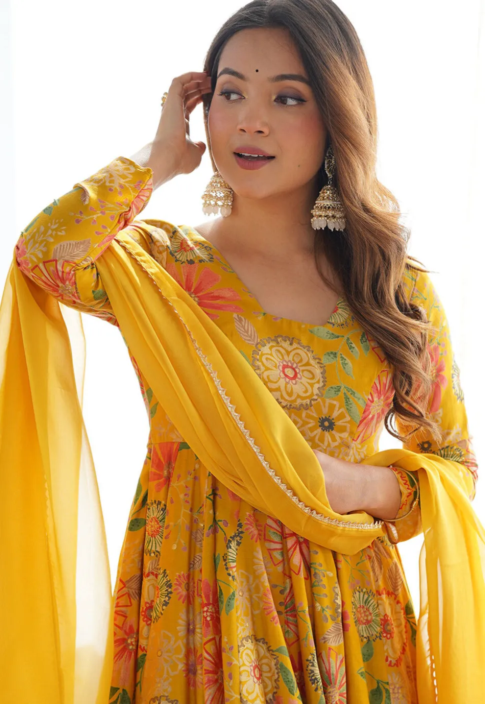 Digital Printed Art Silk Pakistani Suit in Mustard