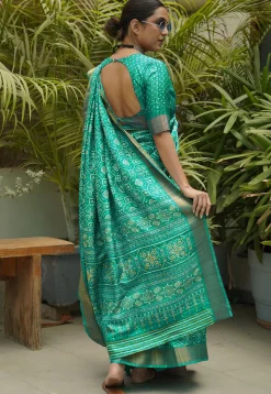 Digital Printed Art Silk Saree in Teal Green