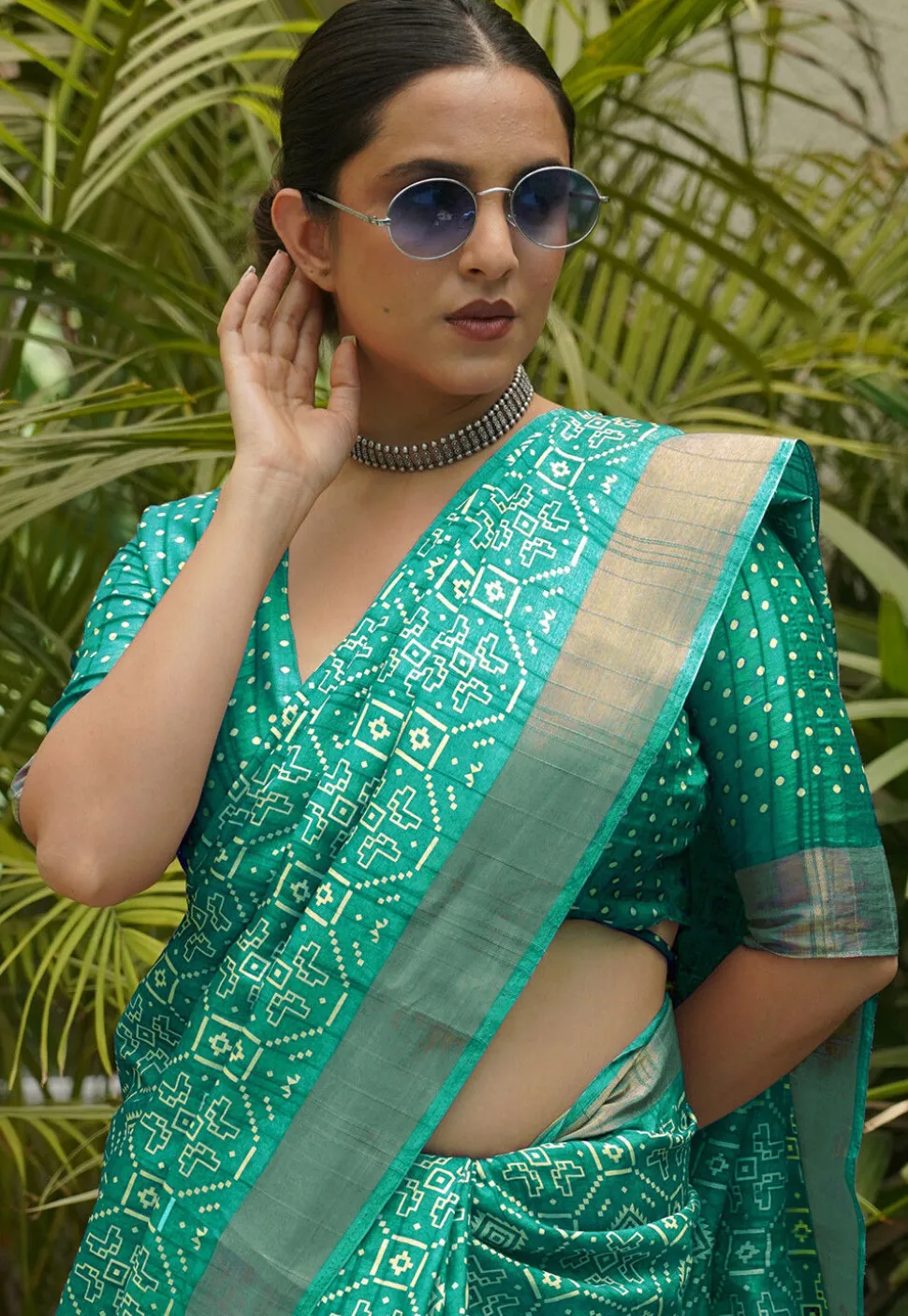 Digital Printed Art Silk Saree in Teal Green
