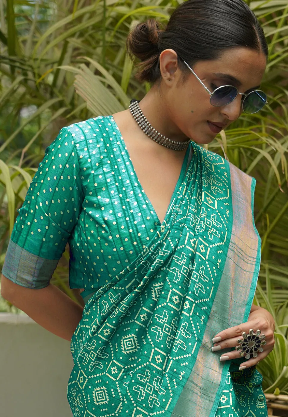Digital Printed Art Silk Saree in Teal Green