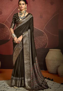 Digital Printed Art Silk Saree in Brown