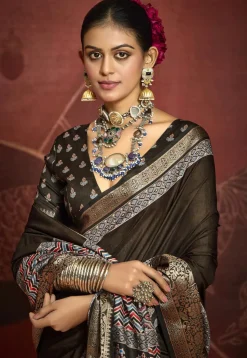 Digital Printed Art Silk Saree in Brown