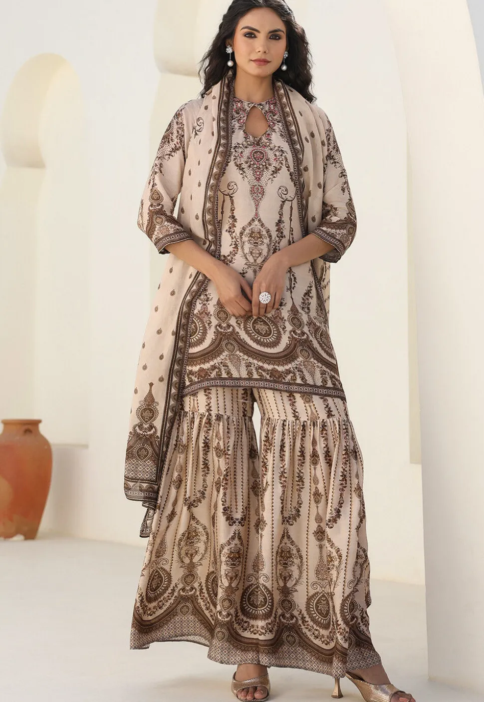 Digital Printed Art Silk Pakistani Suit in Cream