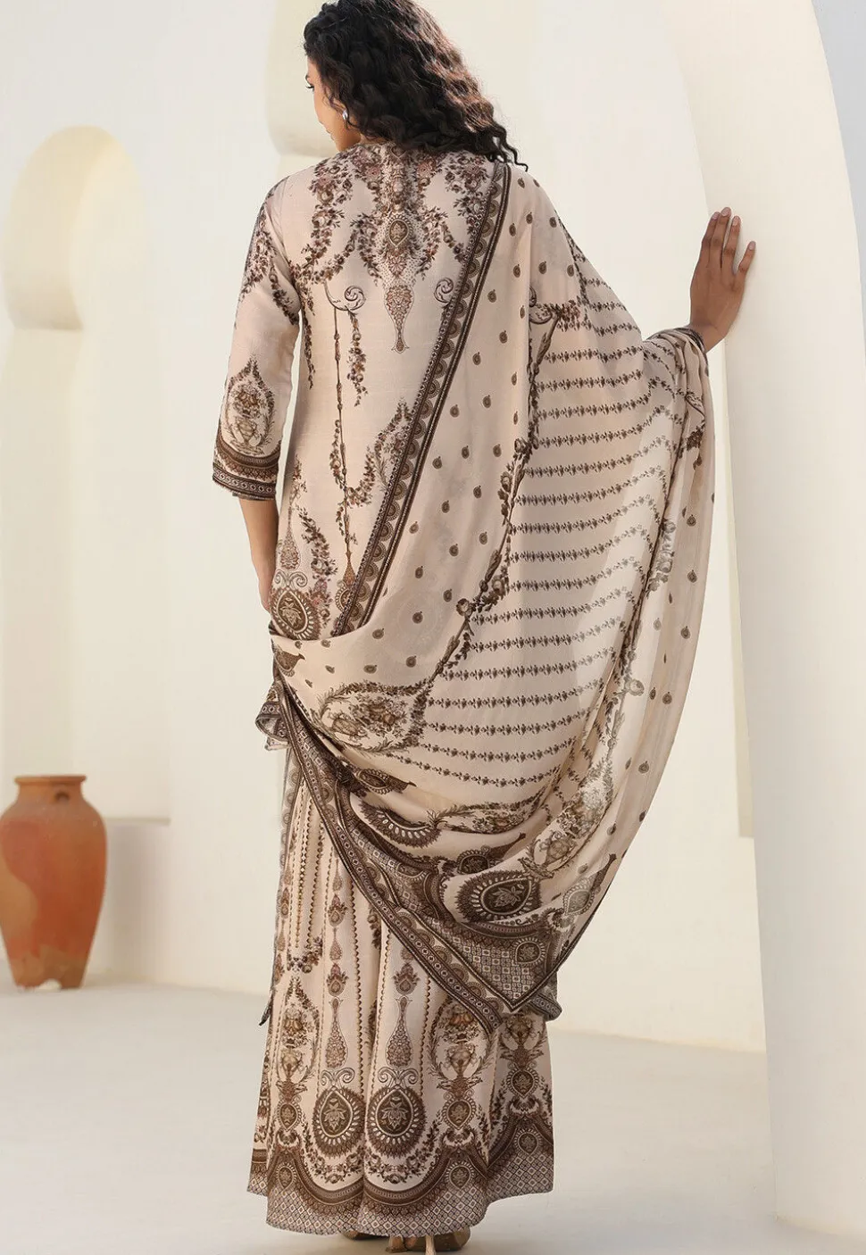 Digital Printed Art Silk Pakistani Suit in Cream