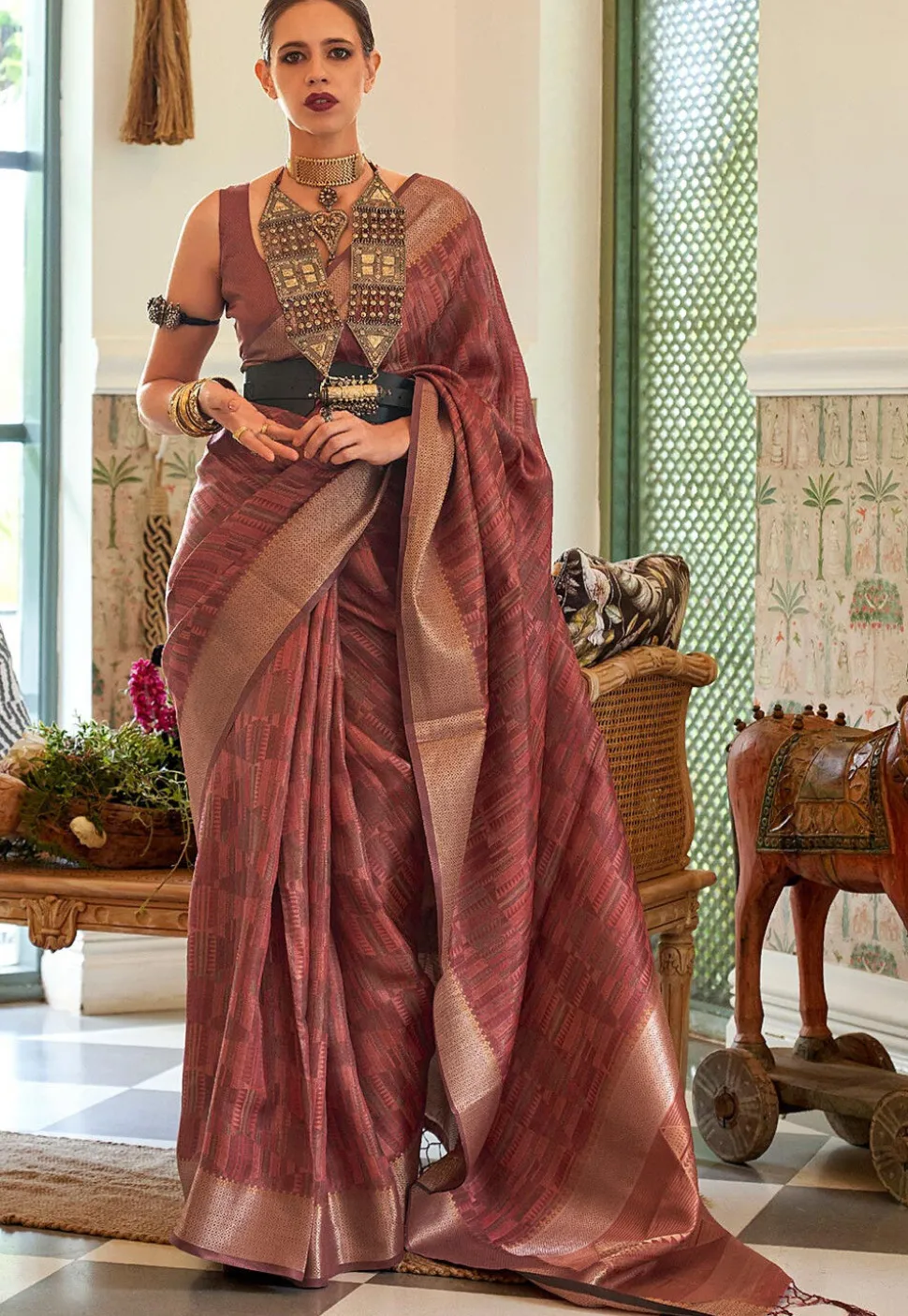 Digital Printed Art Silk Saree in Brown