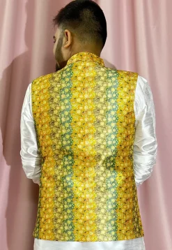 Digital Printed Art Silk Nehru Jacket in Yellow