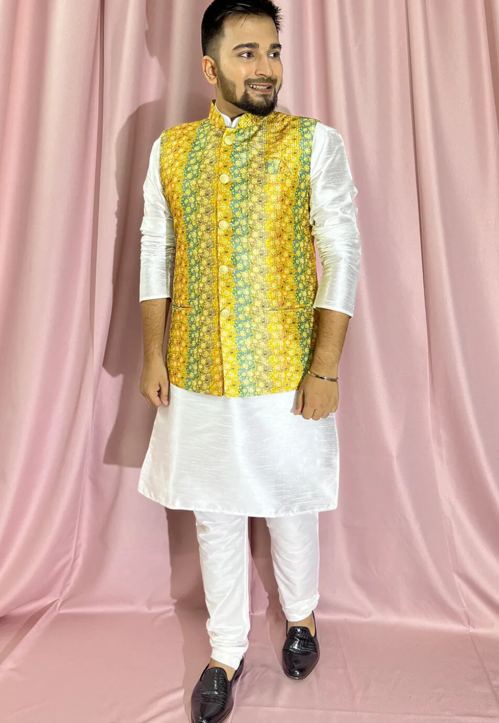 Digital Printed Art Silk Nehru Jacket in Yellow