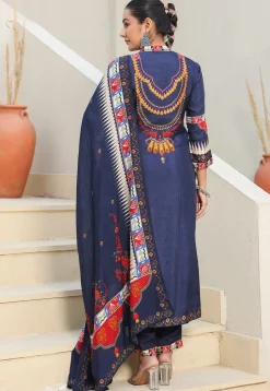 Digital Printed Art Silk Pakistani Suit in Navy Blue