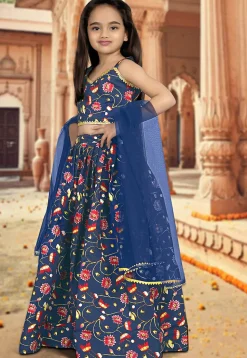Digital Printed Art Silk Lehenga in Navy Blue