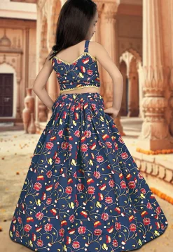 Digital Printed Art Silk Lehenga in Navy Blue