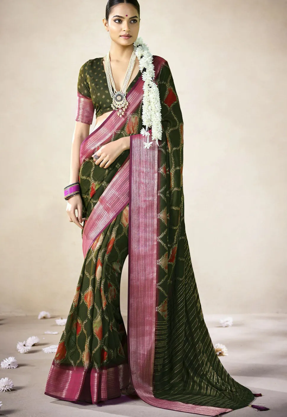 Digital Printed Art Silk Saree in Olive Green