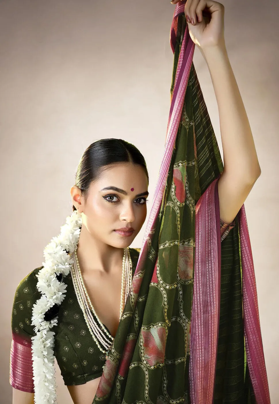 Digital Printed Art Silk Saree in Olive Green