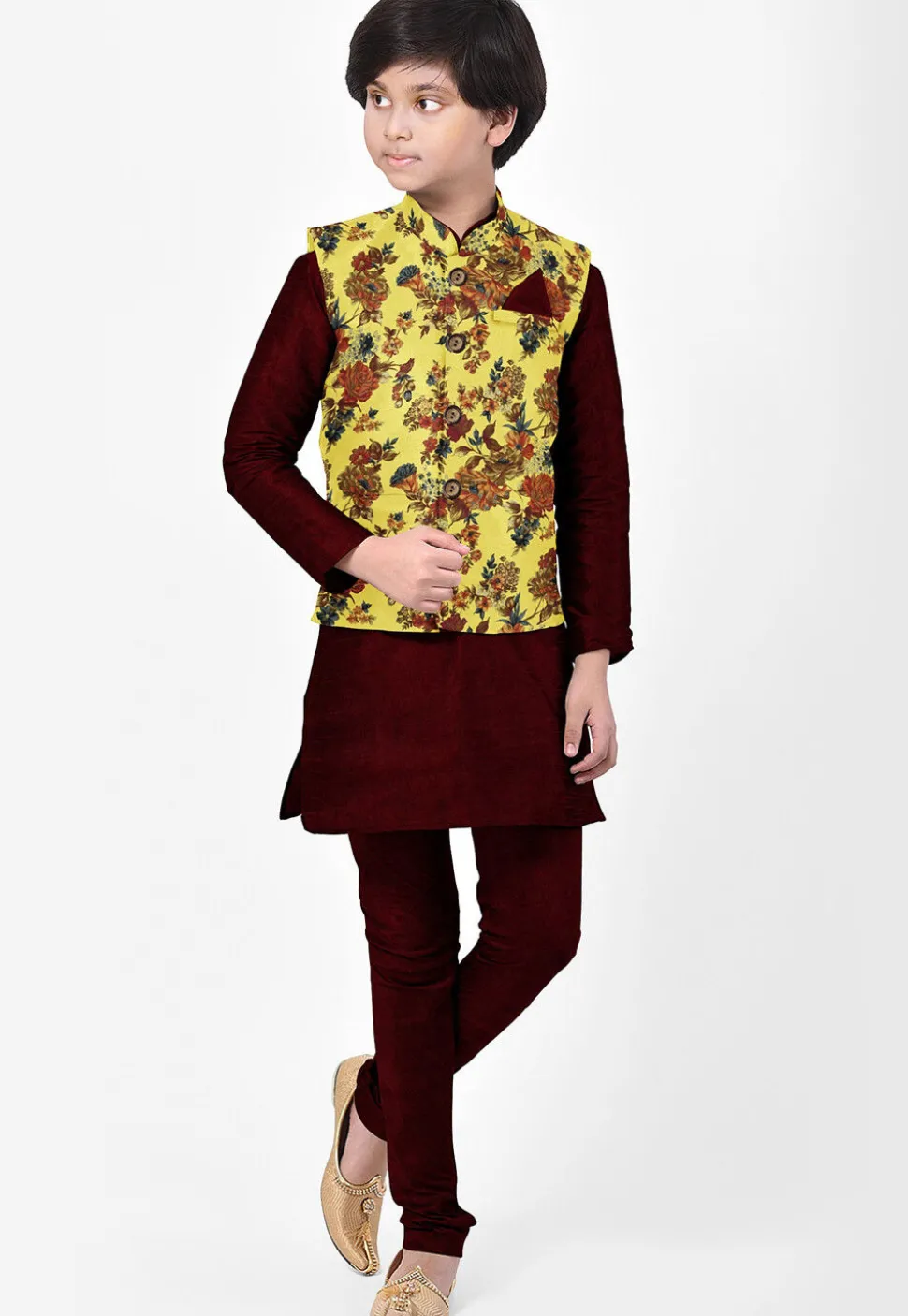 Digital Printed Art Silk Kurta Jacket Set in Maroon and Yellow