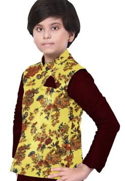 Digital Printed Art Silk Kurta Jacket Set in Maroon and Yellow