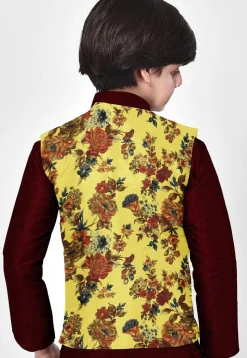 Digital Printed Art Silk Kurta Jacket Set in Maroon and Yellow