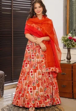 Digital Printed Art Silk Abaya Style Suit in Peach and Red
