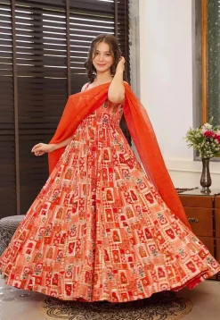 Digital Printed Art Silk Abaya Style Suit in Peach and Red