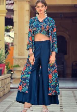Digital Printed Art Silk Crop Top Set in Blue