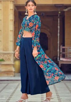 Digital Printed Art Silk Crop Top Set in Blue