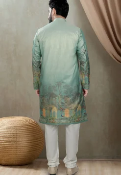 Digital Printed Art Silk Kurta Set in Light Sea Green