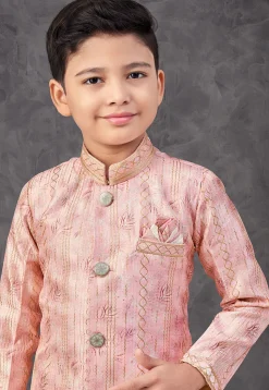 Digital Printed Art Silk Asymmetric Sherwani in Peach