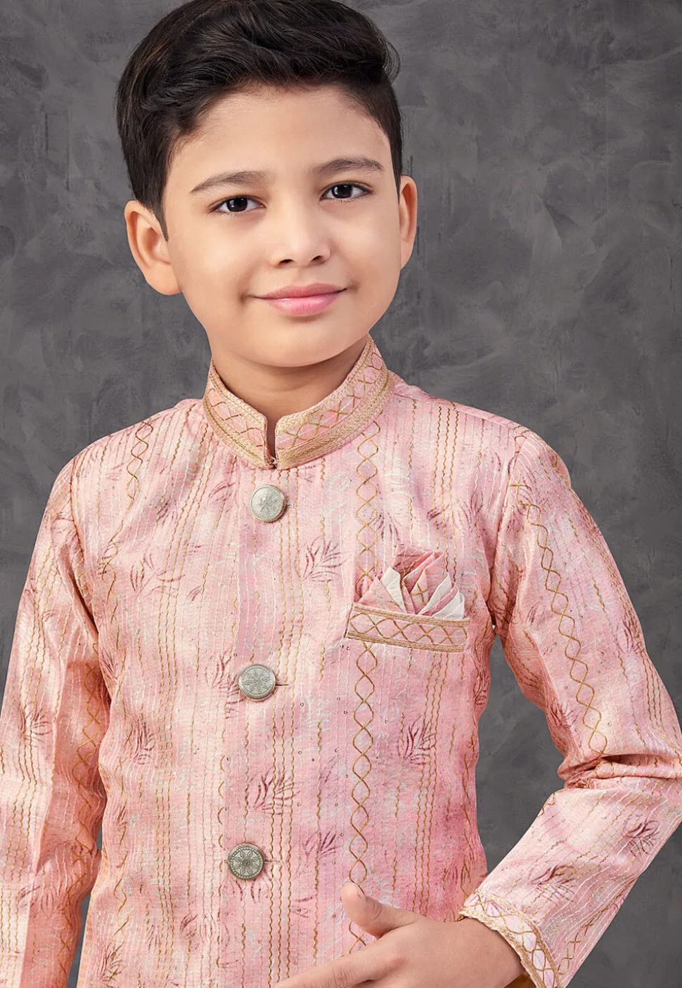 Digital Printed Art Silk Asymmetric Sherwani in Peach