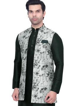 Digital Printed Art Silk Jacquard Nehru Jacket in Light Grey