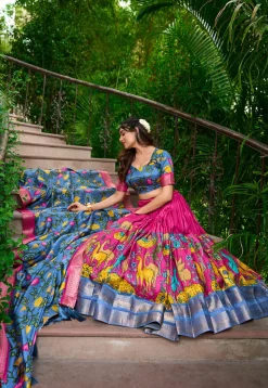 Digital Printed Art Silk Lehenga in Fuchsia