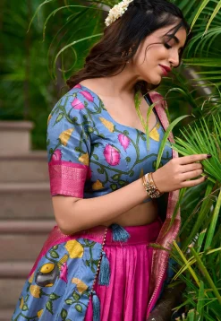 Digital Printed Art Silk Lehenga in Fuchsia