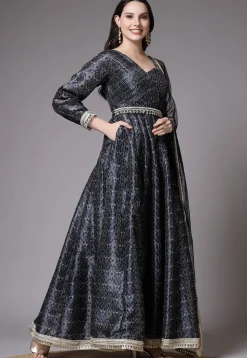 Digital Printed Art Silk Abaya Style Suit in Navy Blue