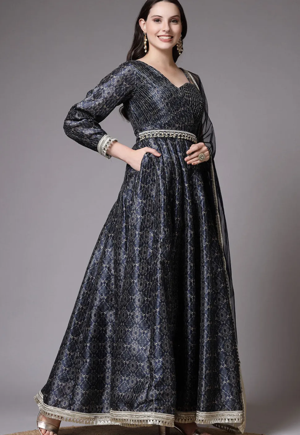 Digital Printed Art Silk Abaya Style Suit in Navy Blue