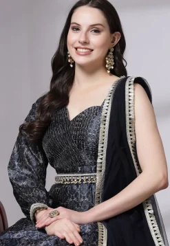 Digital Printed Art Silk Abaya Style Suit in Navy Blue