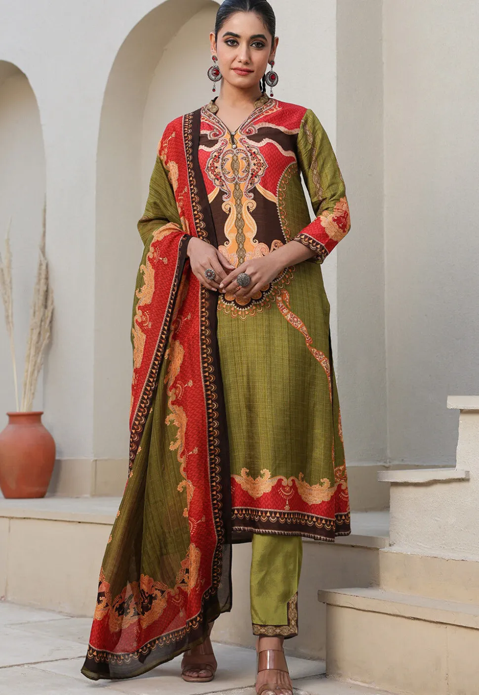 Digital Printed Art Silk Pakistani Suit in Olive Green