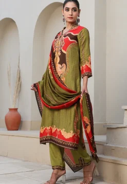 Digital Printed Art Silk Pakistani Suit in Olive Green