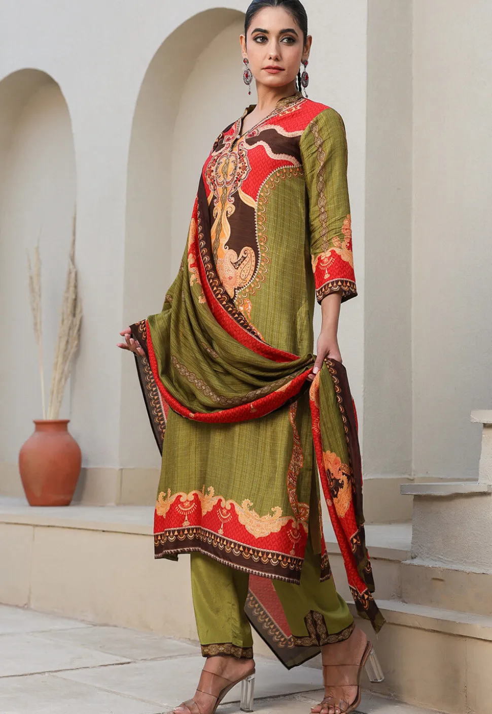 Digital Printed Art Silk Pakistani Suit in Olive Green