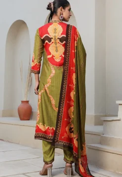 Digital Printed Art Silk Pakistani Suit in Olive Green