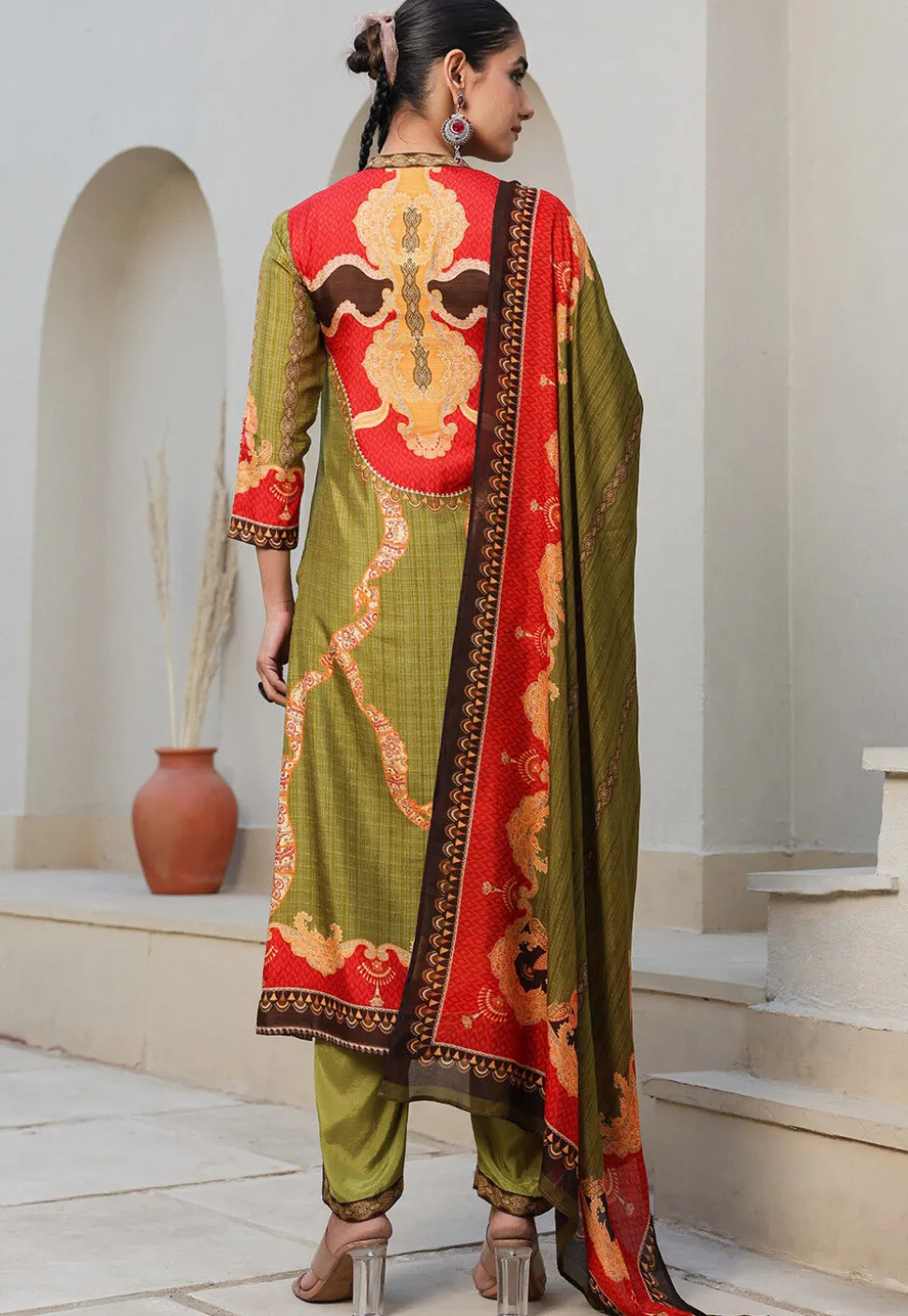Digital Printed Art Silk Pakistani Suit in Olive Green