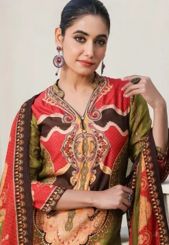 Digital Printed Art Silk Pakistani Suit in Olive Green