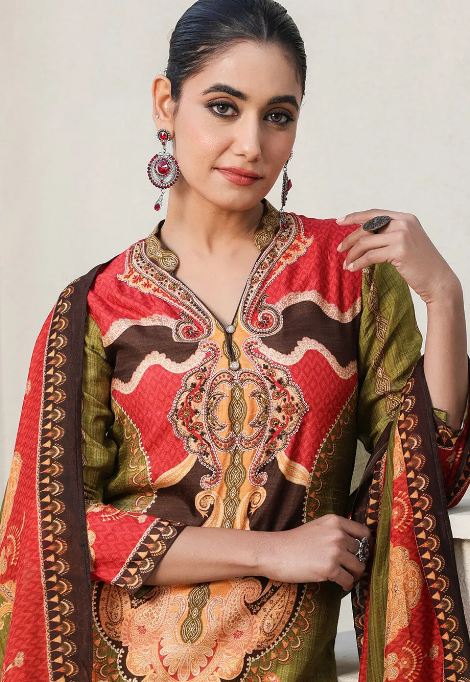 Digital Printed Art Silk Pakistani Suit in Olive Green
