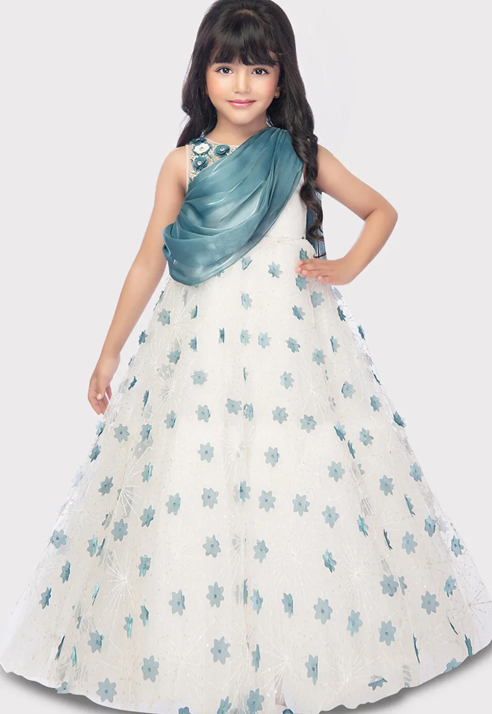 Digital Printed Art Silk Gown with Attached Dupatta in Off White and Blue