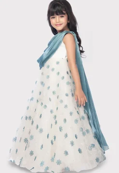 Digital Printed Art Silk Gown with Attached Dupatta in Off White and Blue