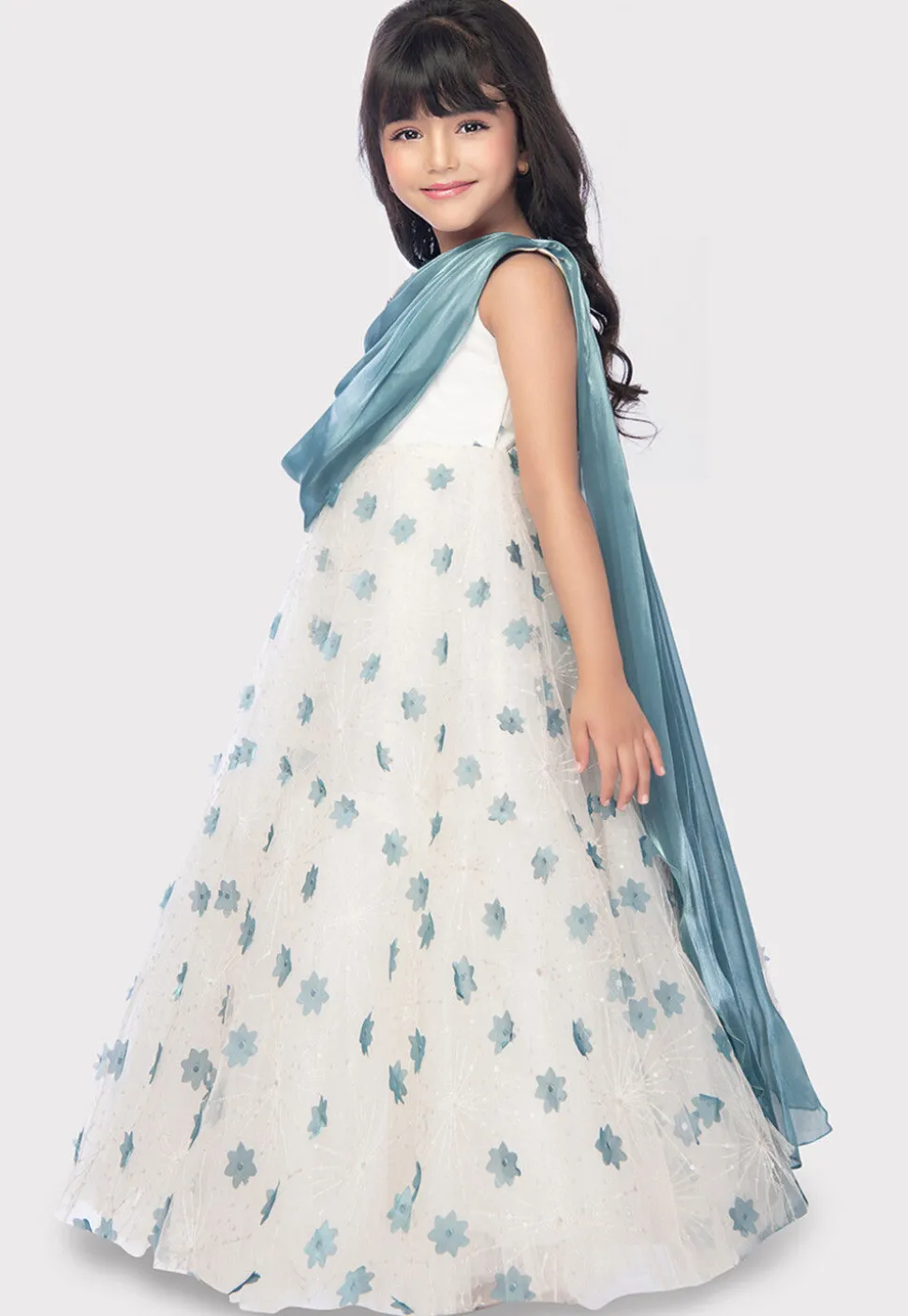 Digital Printed Art Silk Gown with Attached Dupatta in Off White and Blue