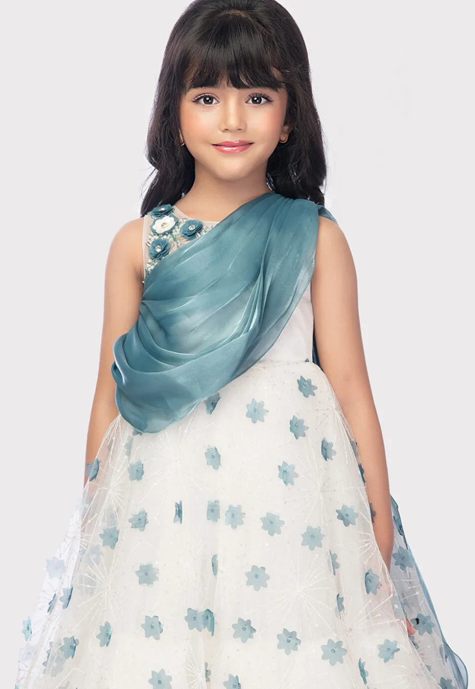 Digital Printed Art Silk Gown with Attached Dupatta in Off White and Blue