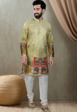 Digital Printed Art Silk Kurta Set in Olive Green