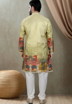 Digital Printed Art Silk Kurta Set in Olive Green