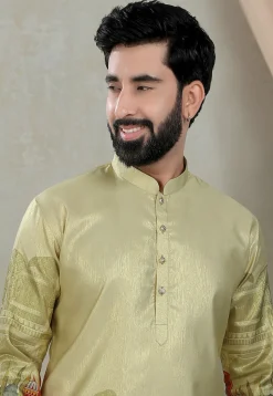 Digital Printed Art Silk Kurta Set in Olive Green