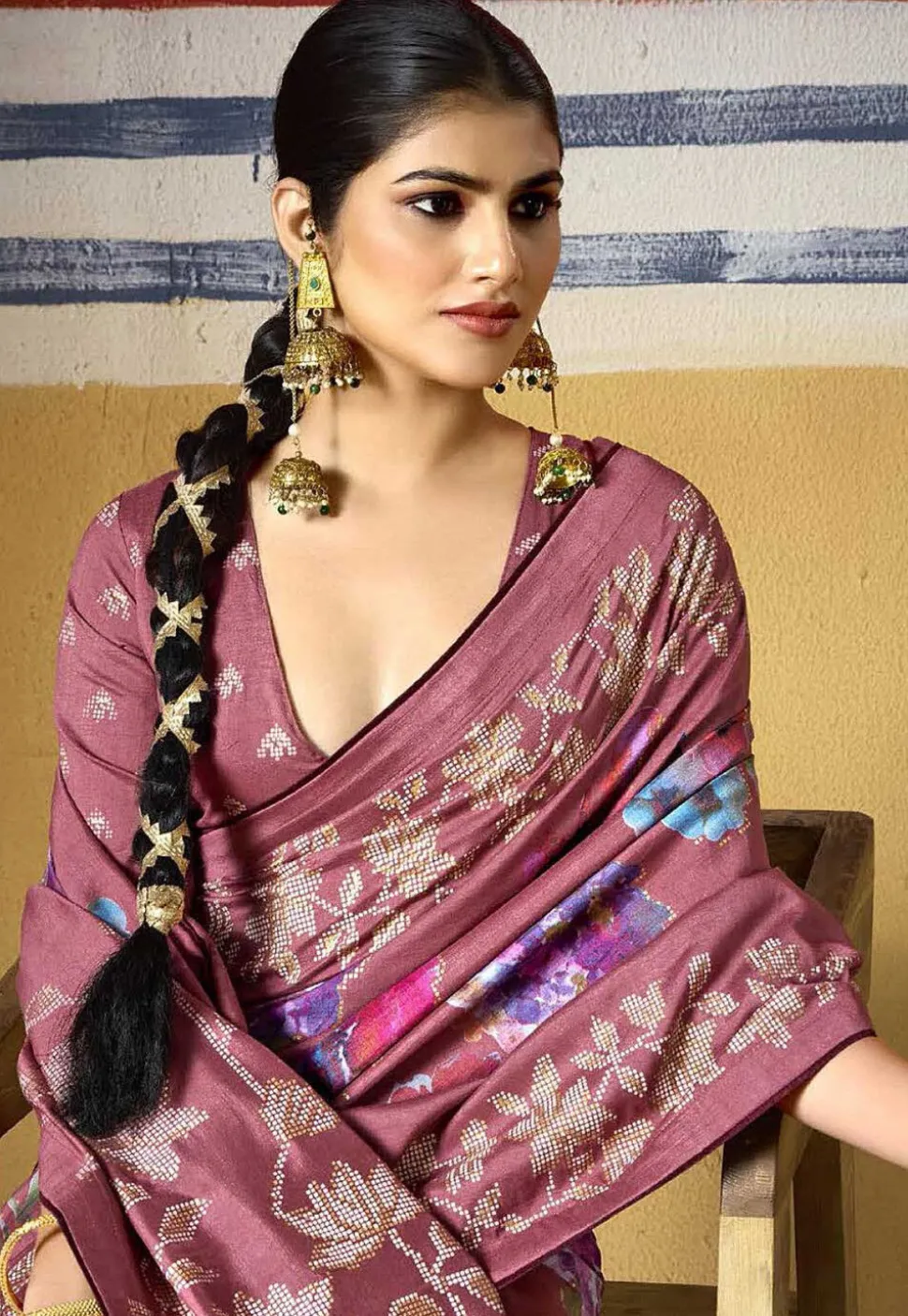 Digital Printed Art Silk Saree in Old Rose