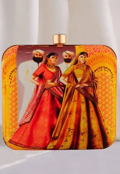 Digital Printed Art Silk Square Clutch Bag in Multicolor
