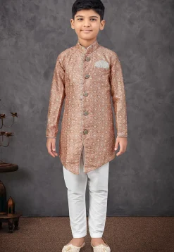 Digital Printed Art Silk Sherwani in Light Brown