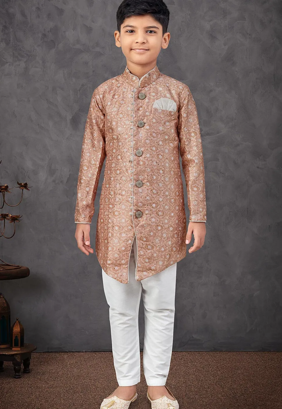 Digital Printed Art Silk Sherwani in Light Brown